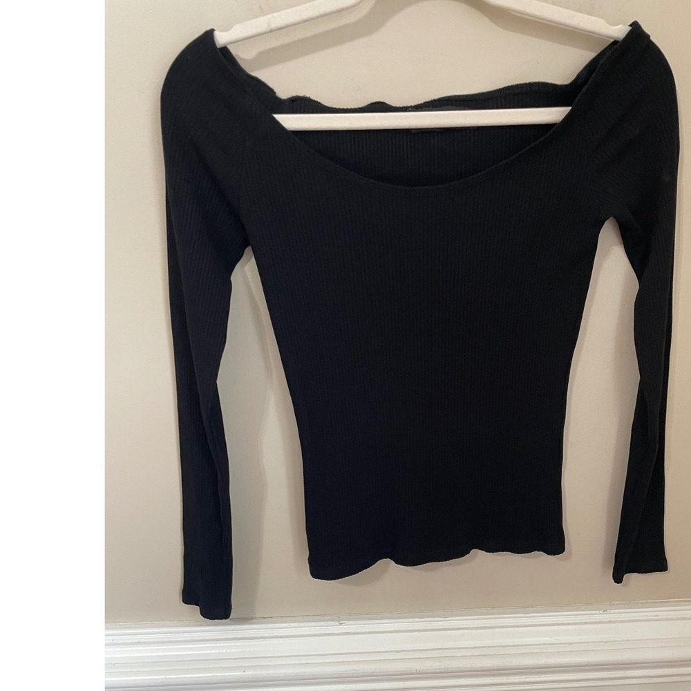 Reformation Size S Black Ribbed Long Sleeve Scoop Neck Tencel Top Made in USA